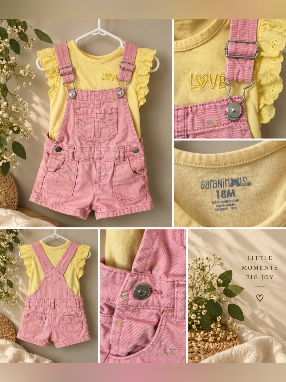🌸 Garanimals Baby Girl 18M Pink Denim Shortalls + Yellow Top Set